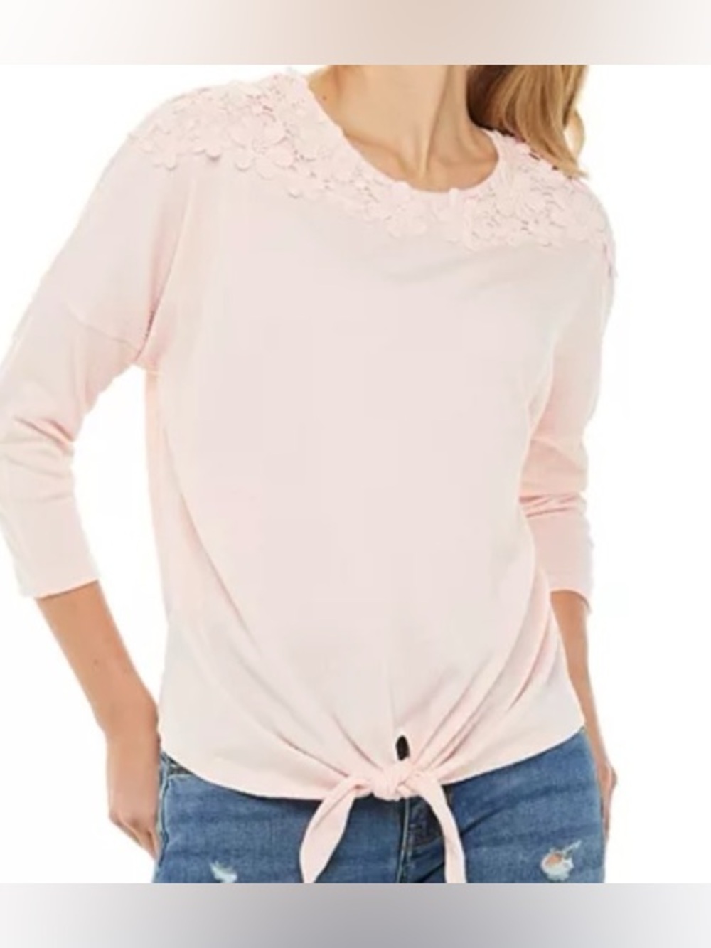 Elle Pink Lace-Yoke Tie-Front Blouse